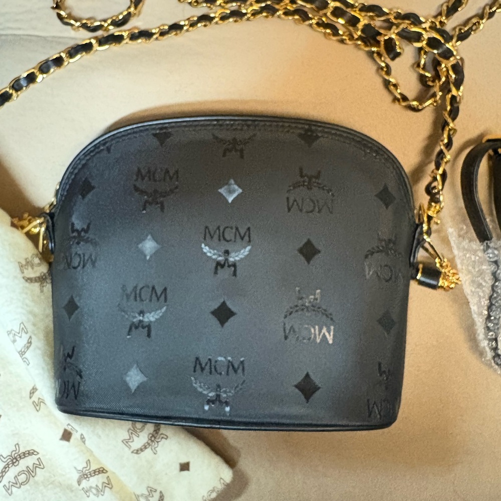 MCM Black Authentic Monogram Crossbody Bag with Gold Chain